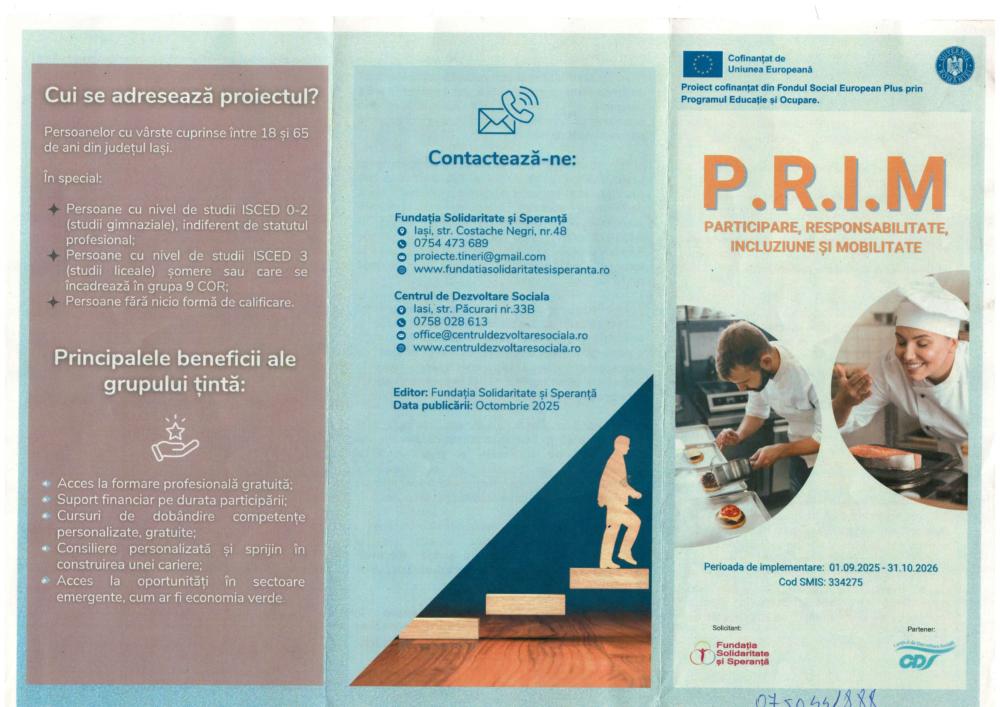 Proiect cofinanțat din Fondul Social European Plus prin Programul Educație și Ocupare - P.R.I.M. participare, responsabilitate, incluziune și mobilitate - Cod SMIS: 334275
