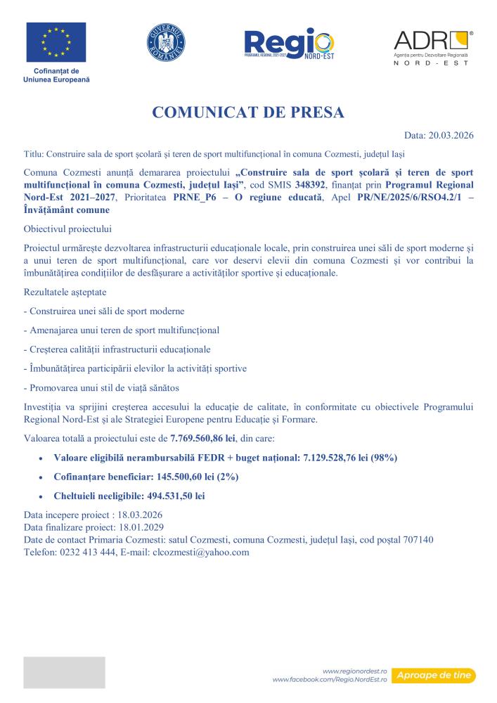 Comunicat de presă demarare proiect „Construire sala de sport școlară și teren de sport multifuncțional în comuna Cozmești, județul Iași